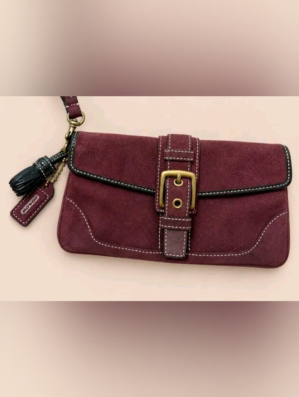 Vintage Coach Y2k Suede Buckle Clutch in Burgundy